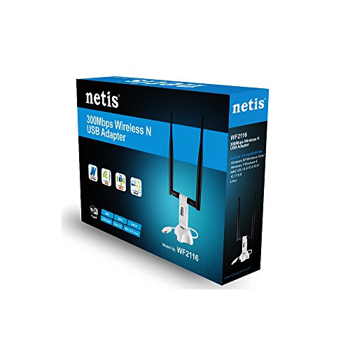 Netis WF2116 Wireless N300 Long-Range USB Adapter, Supports Windows, Mac OS, Linux, 5dBi High Gain Antennas, Free USB Cradle