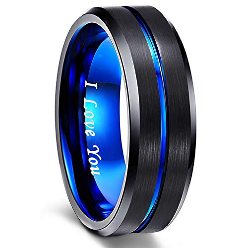 Greenpod Anillo de boda de tungsteno para hombre 8 mm 10 mm Grabado Te amo Azul fino / Oro rosa / Negro Ranura central Ajuste cómodo Tamaño 6-17