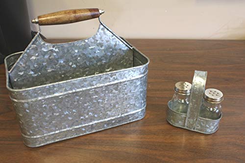 Galvanized Metal Caddy Plus Matching Salt and Pepper Shaker Farmhouse Rustic Carry-All Picnic Kitchen Utensil Organizer Condiment Holder by Well Pack Box - Thumbnail 3