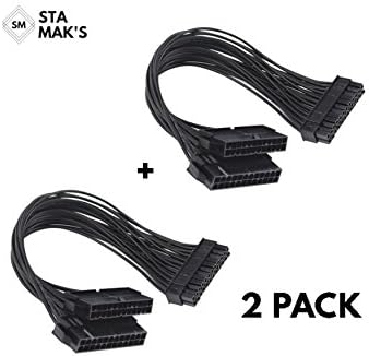 Stamaks 2-Pack Dual PSU Power Supply Extension Cable 24 Pin (20+4) Adapter Cable for ATX Motherboard 12-inch (24 pin to 24(20+4) pin) Computer Adaptor Splitter Cable Mining Extension Cable
