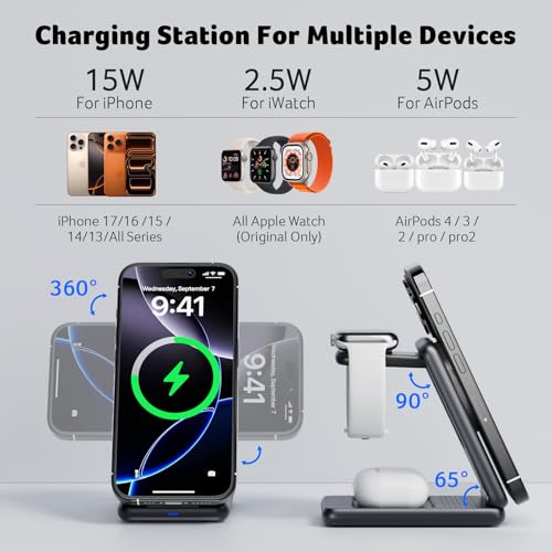 Acer 3 in 1 Charging Station for Apple Device, Magnetic Palm-Sized Foldable Fast Charger Stand Compatible with MagSafe for iPhone 17, Apple Watch & AirPods, Foldable Charging Dock for Desk S3