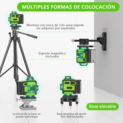 Nível Laser Autonivelante de 360 graus, Laser Verde Nível 16 linhas, 2 x 360 Horizontal e 2 x 360 Verticais, 2 x Bateria, Montagem na Parede, Controlo Remoto, Base Magnética, Suporte Rotativo, Tripé