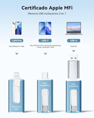 USB Flash Drive 256GB for iPhone, iPhone External Memory Stick with MFi Certification, USB 3.0 Flash Drive for Photos and Videos, 3-in-1 for Phone/iPad/Android/PC, USB 3.0 Memory Stick for Photos and Videos, Blue