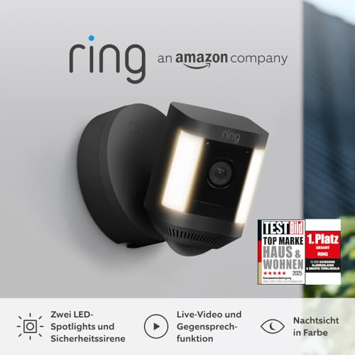 Ring Spotlight Kamera Plus Kabel (Spotlight Cam Plus) | Überwachungskamera aussen mit WLAN, HD-Video, LED-Strahler, Nachtsicht, Bewegungserfassung & Sirene | Alexa-kompatible Sicherheitskamera