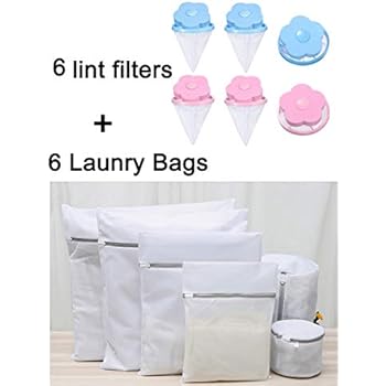 EVERMARKET Set of 6 Laundry Bags with 6 Reusable Washing Machine Floating Lint Mesh Bag Portable Washer Lint Catcher, Hair Filter Net Pouch, Washer Hair Catcher (12 Pack Kit)