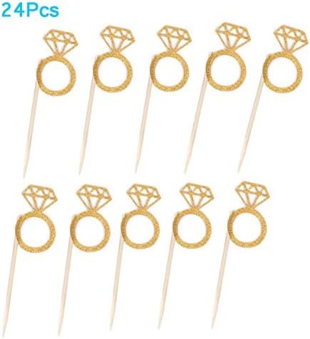 Errollina Diamond Ring Cupcake Topper Wedding Bridal Shower Gold Glitter Cake Picks for Marriage Engagement Anniversary Birthday Valentines Party Decoration Pack of 24
