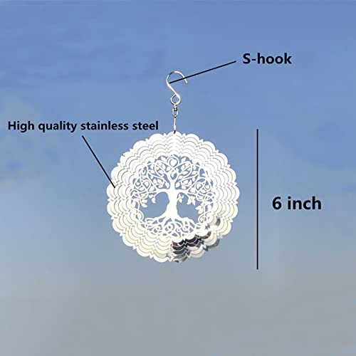 Rmikaly Tree of Life Pattern 6 Inch 3D Stainless Steel Hanging Metal Wind Spinner for Indoor Outdoor Garden Yard Decor Wind Chime Sculptures Crafts Ornaments Kinetic Yard Art Decorations