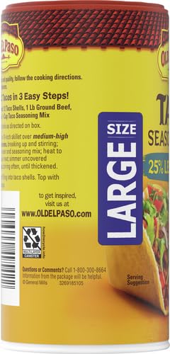 OLD EL PASO TACO SEASONING, 25% LESS SODIUM, LARGE SIZE, 6.25 OZ.