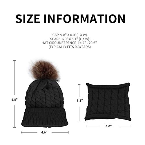 Baby Girls Boys Winter Beanie Hat Scarf Set Toddler Warm Knitted Hats Circle Scarf for Infant Newborn Winter Pom Hat Black - Thumbnail 4