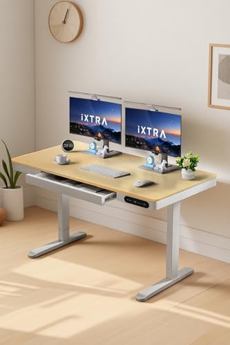 IXTRA Standing Desk with Drawer 140x60cm Whole Piece Tabletop Electric Standing Desk, Height Adjustable Desk with USB Charging Ports, Sit Stand Desk with Storage for Home & Office Maple