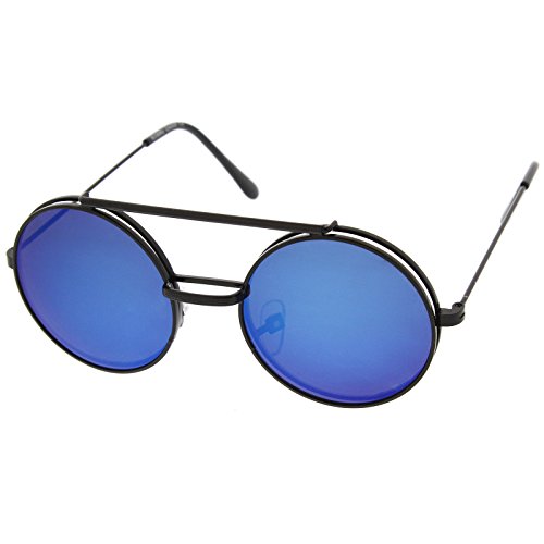 zeroUV - Mid Size Flip-Up Colored Mirror Lens Round Django Sunglasses 49mm (Black / Blue Mirror)