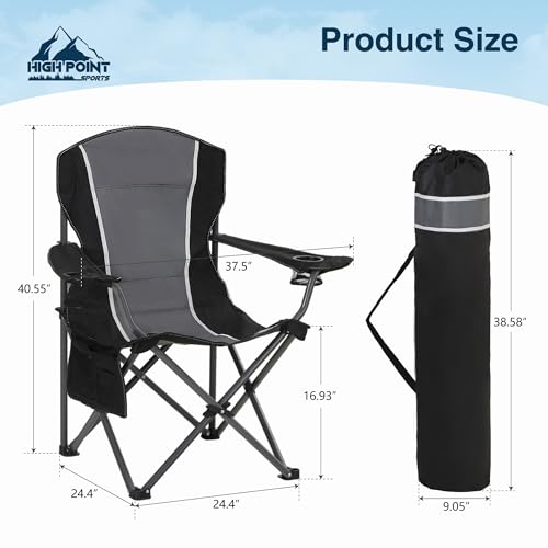HIGH POINT SPORTS Folding Camping Chair, 160 kg, Portable Folding Camping Chair, Oversized Folding Chair, Outdoor and Indoor, Camping Chair, Fishing Chair, Black-Grey