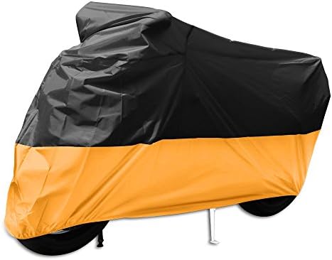 Tokept All-Weather Indoor Outdoor Motorcycle Cover-Heavy Duty Extra Large Black and Orange for 116 Inch Motorcycles Like Honda, Yamaha, Suzuki, Harley. Keeps Your Bike Dry and Protected Year Round