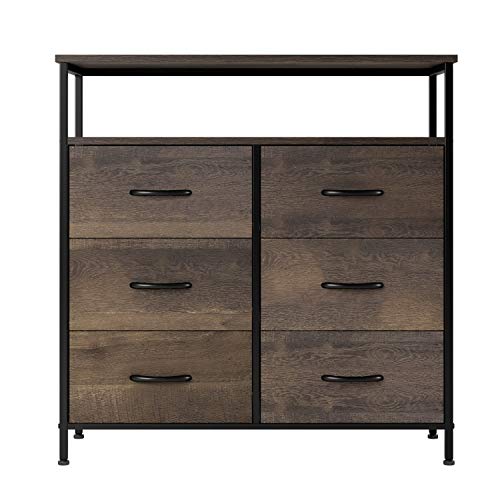 HOMECHO Fabric Dresser Chest with 6 Drawers, Wide Chest of Drawers with 2 Tier Wood Shelves