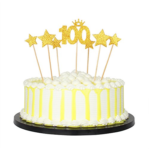 PALASASA Gold glitter 100 Days Cake Topper and pentacle for Parties Baby Happy Birthday,set of 7