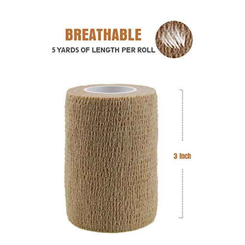 MUEUSS Self-Adhesive Bandage Wrap Tape Waterproof Breathable Elastic Cohesive Non-Woven FDA Approved 3 Inches x 5 Yards (Beige, 12 roll)