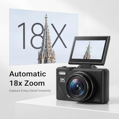 5K Digital Camera for Photography - 75MP WiFi Vlogging Camera for YouTube, Travel Flash Camera for Beginners Adults, UHD 18X Zoom with Flip Screen 3" 180°, 64 GB SD Card, 2 Batteries, Black