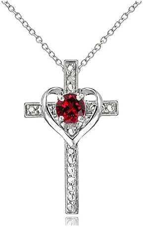 Sterling Silver Simulated Ruby & Simulated Diamond Accent Cross Heart Necklace