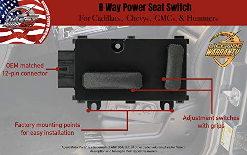 Left Side Driver 8-Way Power Seat Switch Adjustment Recline - Fits Cadillac Escalade, Chevy Silverado, Avalanche, Suburban, Tahoe, Sierra, Yukon, Hummer H2 - Replaces 12450166, 1S9702, SW7123, PSW15 - Thumbnail 2