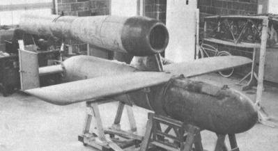 JB-4 pulsejet-powered flying bomb in shop at Wright Field, Dayton, Ohio.