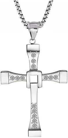 Dominic Toretto's Crucifix Fast &amp; Furious Inspired Stainless Steel Cubic Zirconia Cross Pendant Necklace by Red Koii (Silver)