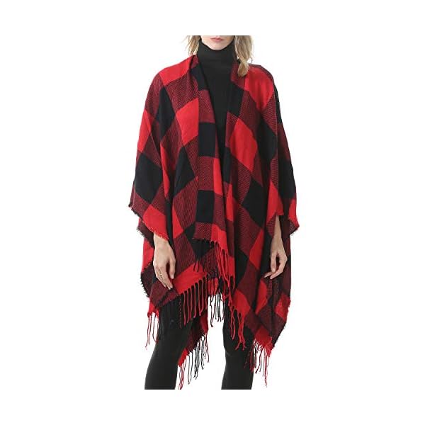 Zando Womens Tassel Plaid Ponchos Fashion Open Front Blanket Shawls for ...