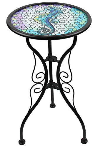 Liffy Outdoor Mosaic Side Table Seahorse Bench Small Patio Round Printed Glass Table for Garden, Yard or Lawn