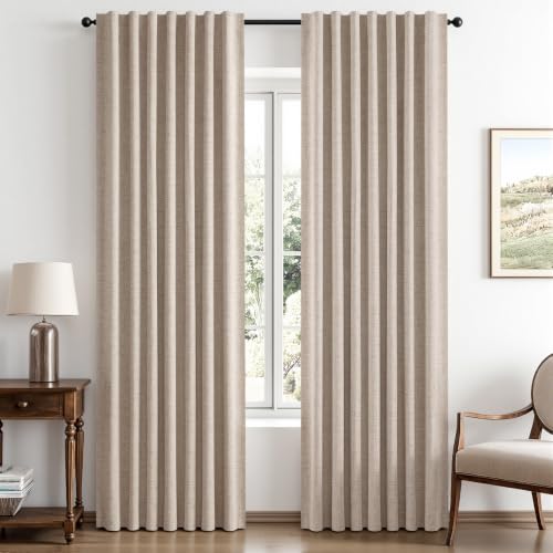 MIULEE 100% Blackout Linen Curtains for Bedroom, Beige Solid Luxury Decor Thermal Insulation Room Darkening Drapes for Living Room Back Tab Rod Pocket 42 x 84 Inches, 2 Panels