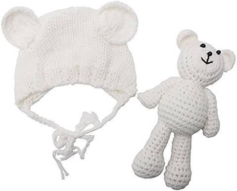 WONGYEE Newborn Baby Bear Hat Beanie with Bear Dolls Photography Accessories,White