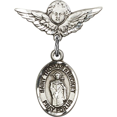 Sterling Silver Baby Badge with St. Thomas A Becket Charm and Angel w/Wings Badge Pin 7/8 X 3/4 inches
