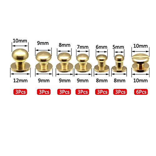 Sam Browne Soild Brass Button Studs ,Yotako 24 Pack Leather Craft Belt Chicago Screws Nail Rivets DIY suitable for Arts and Clothers making with Install Hole punch