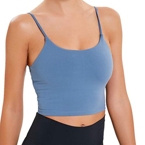 ThsiJJ Women Solid Crop Camisole Yoga Tank Tops Padded Sports Bra Summer Sleeveless Vest Workout Running Undershirts Blue