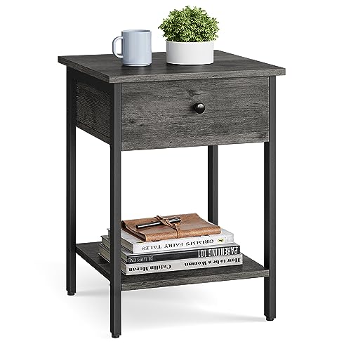 VASAGLE Nightstand, End Table, Side Table with Drawer and Shelf, 15.7 x 15.7 x 21.7 Inches, Bedroom, Steel Frame, Easy Assembly, Stone Gray and Black ULET055B04