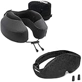 Cabeau Travel Neck Pillow and Eye Mask Set, Memory Foam Neck and Head Support Pillow for Traveling, Airplane, Car Headrest, O