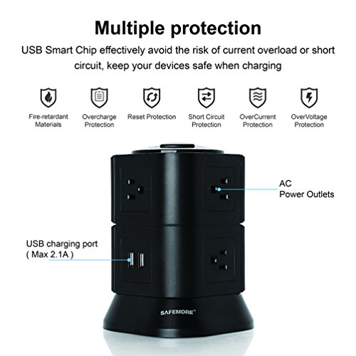 Power Strip with 7 Multiple Plug Outlets 2 USB Ports Tower Surge Protector Desktop Power USB Charging Station for Home & Office (Black)-SAFEMORE
