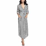 Womens Dress,Kaifongfu Stripe Belted Deep V Neck Long Sleeve Top Blouse Long Maxi Dress (XL, Black)