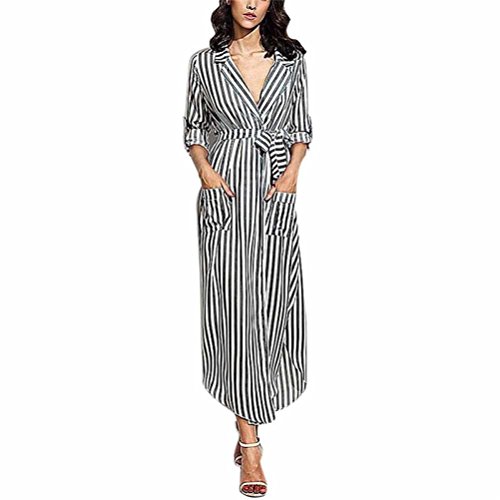 kaifongfu Womens Dress, Stripe Belted Deep V Neck Long Sleeve Top Blouse Long Maxi Dress (L, Black)