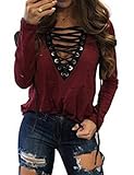 Women Long Sleeve Ripped Hole Deep V Cross Bandage Front Tops T-shirt