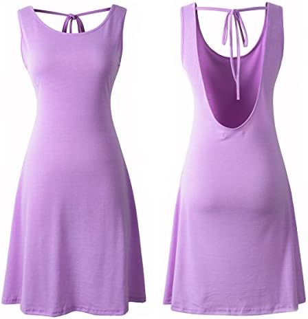 Sakananinki Women's Sleeveless Deep V Backless Casual Dress Tie Bow flared Beach Sundresses (L, Purple)
