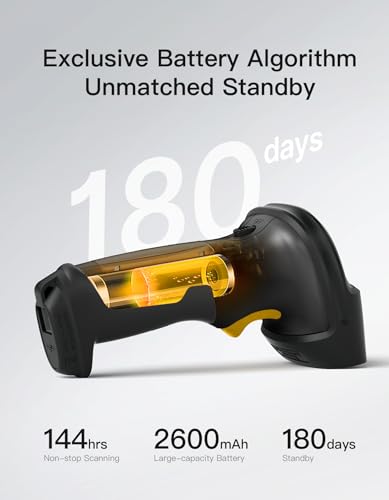 Inateck Lettore Codici a Barre 2D Wireless, Scanner QR Bluetooth Robusto e Resistente a Cadute 1.8m, Batteria 2600mAh, 180 Giorni di Standby, Raggio 35m, Supporto App Config & SDK, per Magazzino
