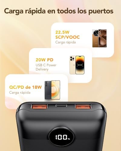 20000mAh Batería Externa Power Bank, Carga Rápida 22.5W QC3.0,