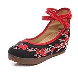 AvaCostume Chinese Plum Embroidery Rubber Sole Platform Wedge Sandals for Qipao Cheongsam, Black, 37