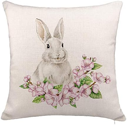 YOENYY Easter Rabbit Throw Pillow Cover Cushion Case for Sofa Couch Spring Floral Home Decor Cotton Linen 18" x 18"