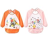Leyaron 2 Pack Unisex Infant Toddler Baby Waterproof Sleeved Bib, 6 Months-3 Years, Orange Monkey and Pink Rabbit