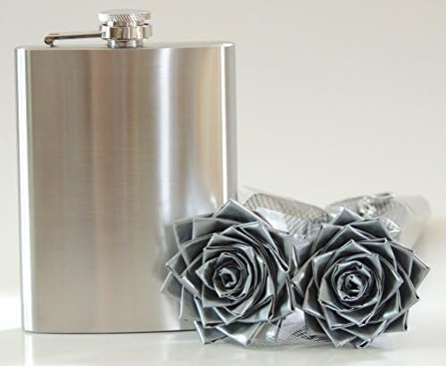 Premium Silver Duct Tape Flower Bouquet and 8oz Stainless Steel Hip Flask Gift Set. Great Gift idea for Dad, Anniversary, Birthday and Especially Special for Valentine's Day this year!