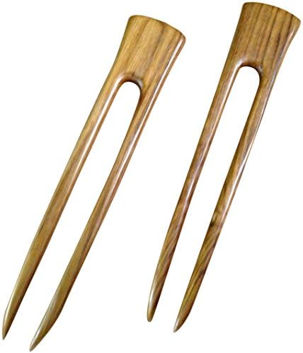 Two Teak Wood Two Prong 6 Inch Straight Hair Stick Pick Pic Pin Fork