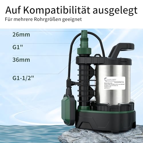 LANCHEZ Submersible pump 1000 W, 20,000 l/h flow rate, adjustable wastewater/clean water mode, delivery head 10.5 m, immersion depth 7 m, stainless steel, adjustable float switch, thermal protection