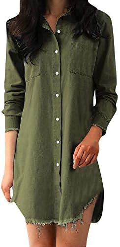 Ghazzi Women Dresses Button Down Pockets Shirt Dress Solid Tunic Long Sleeves Mini Dress Sundress Party Swing Dress