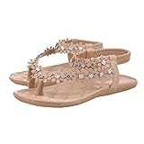 Wensltd Women's Casual Bohemia Flower Beads Flip-flop Shoes Flat Sandals (39, Khaki)