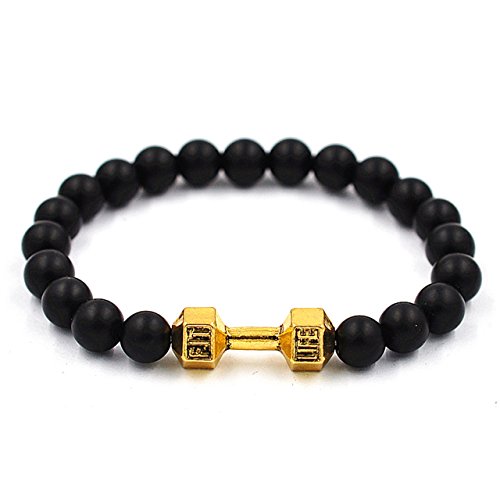 Domika Mens Womens Dumbbell Matt Black Agate Bracelet Energy Stone Bracelet Healing Balancing Round Beads (Golden)